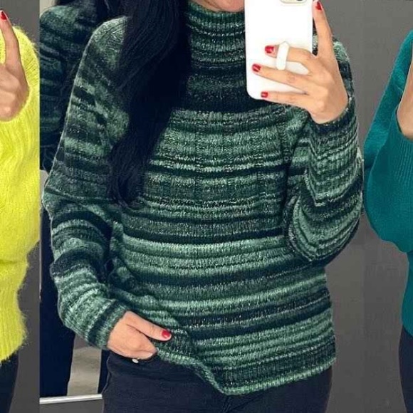 NWT Green & Black Striped w/ Metallic Silver Pullover Sweater - Picture 4 of 7